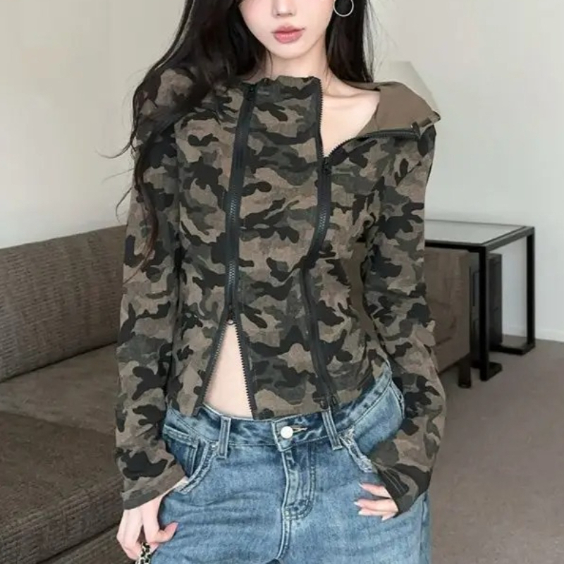 Women'S Fashion Zip Hoodie - Feminino camo zip-up hoodie recortado ajuste
