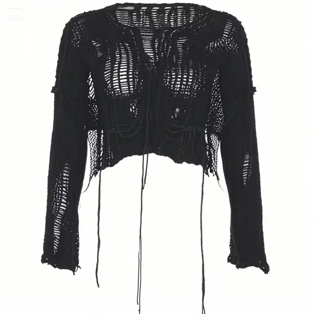 Women'S Fashion Knitwear - Suéter Cropped com Furos Sexy Gyaru,