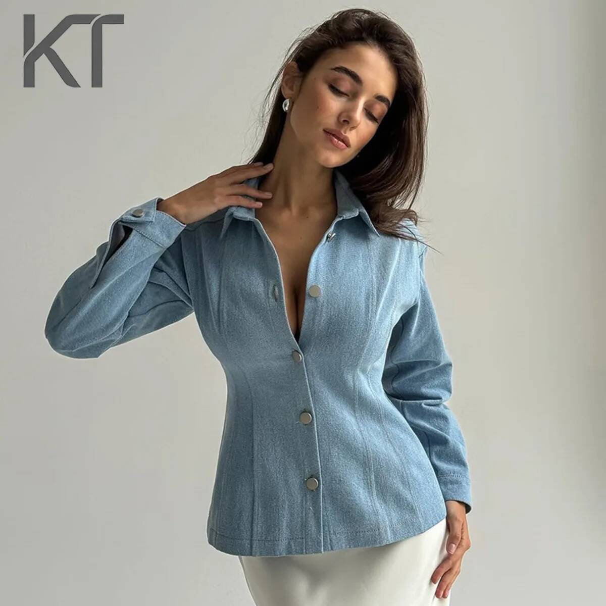 Women Fashion Blouse - Camisa Jeans Vintage KT para Mulheres