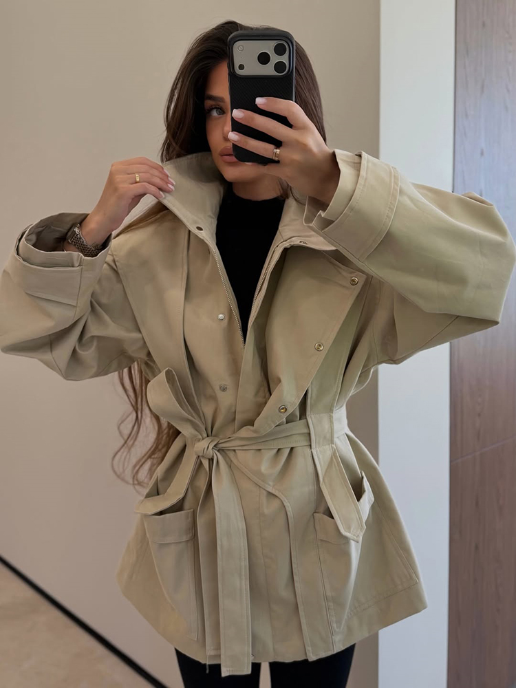 Women'S Fashion Utility Jacket - Casaco Trench Curto Feminino com Cinto,