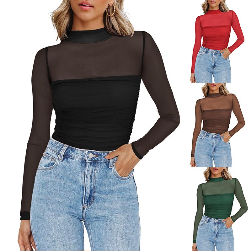 Women Fashion Blouse - Blusa Feminina de Malha Transparente com