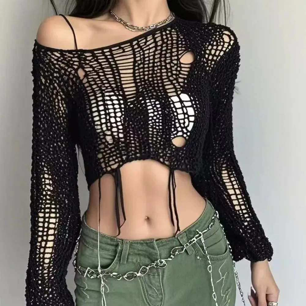Suéter Cropped com Furos Sexy  - Women'S Fashion Knitwear avaliação e preço