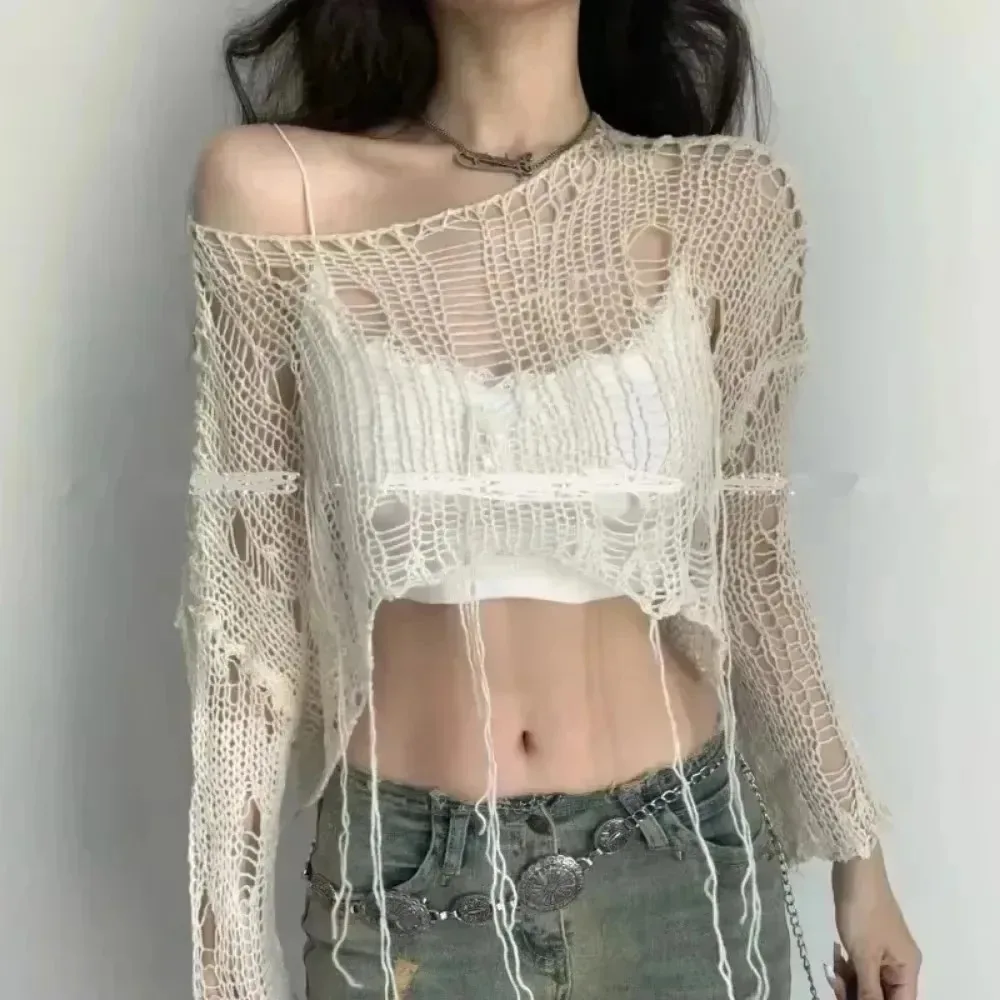 Suéter Cropped com Furos Sexy  - Women'S Fashion Knitwear avaliação e preço
