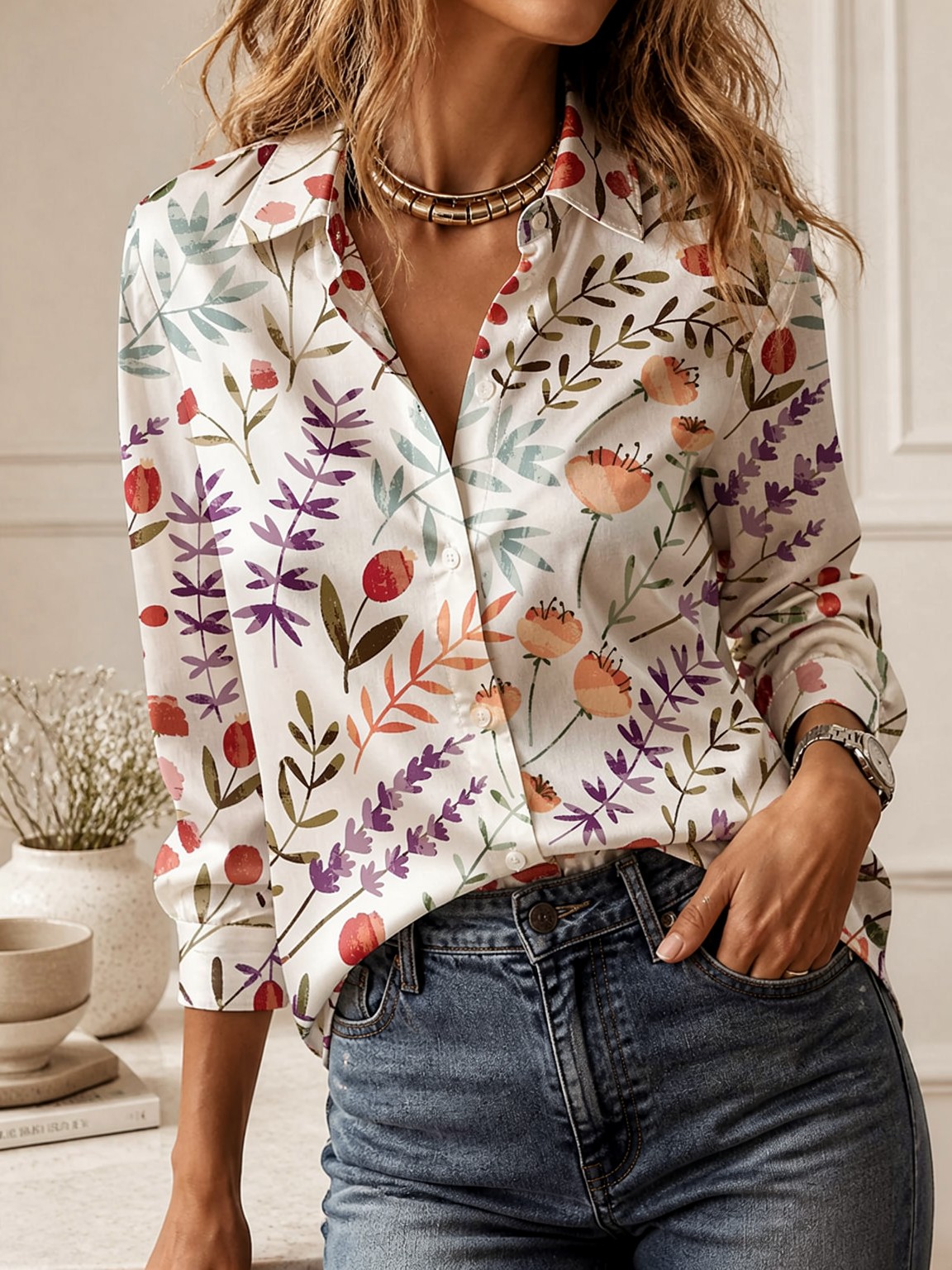 Blusa Casual com Gola, Manga L - Women Fashion Blouse avaliação e preço