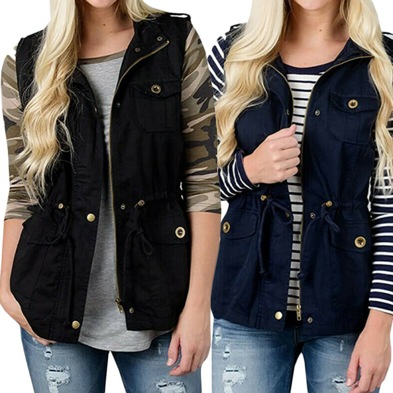 Colete feminino com bolsos, mo - Women'S Fashion Utility Jacket avaliação e preço